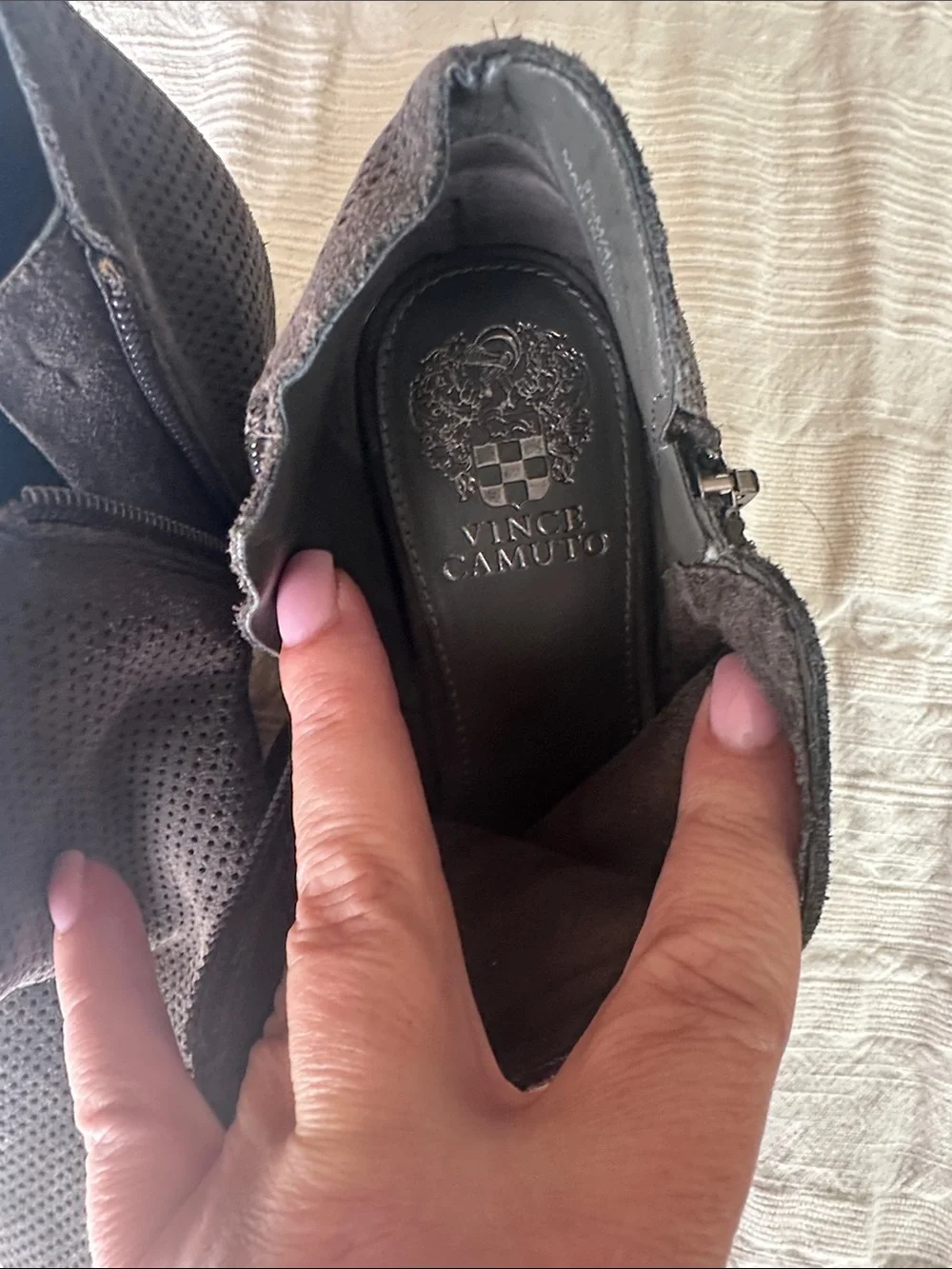 Vince Camuto Perforated Gray Suede Ankle Booties